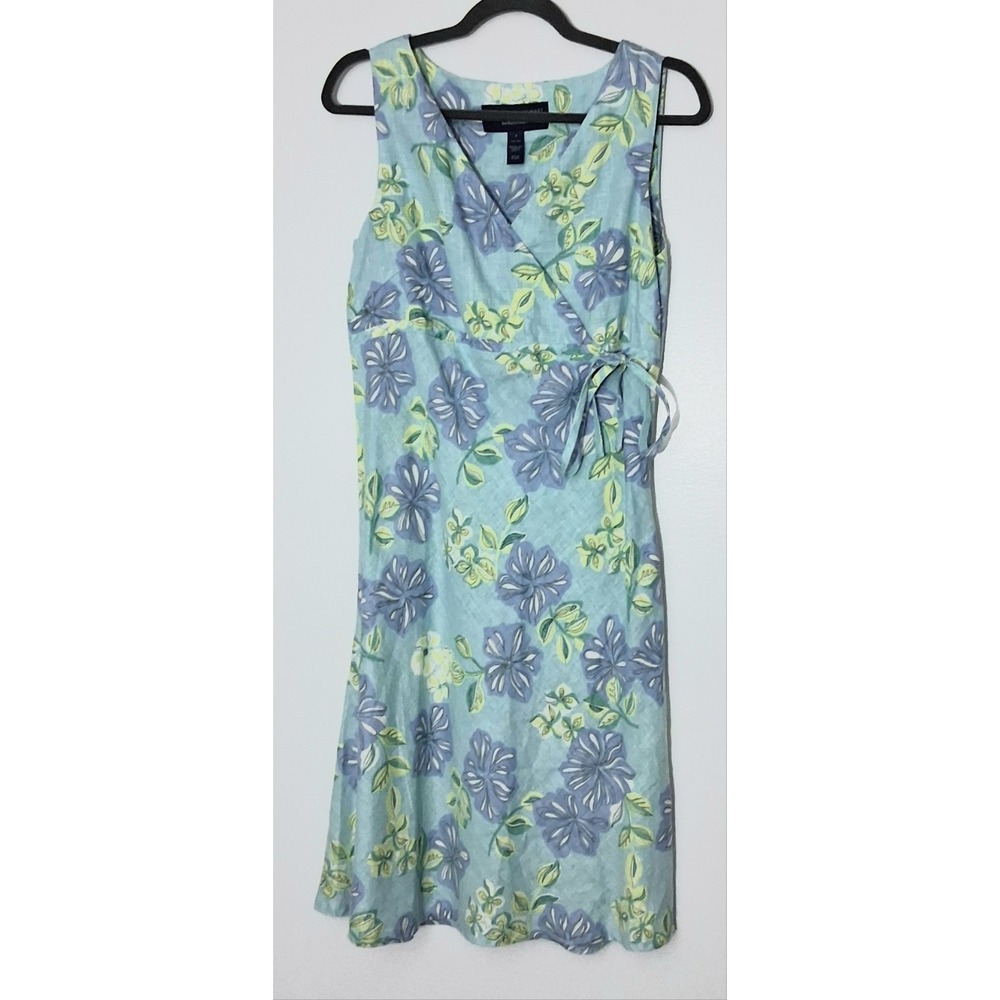 Catherine Stewart for Bellepointe Dress Size 8 Wrap Blue Linen Floral Tie V-Neck